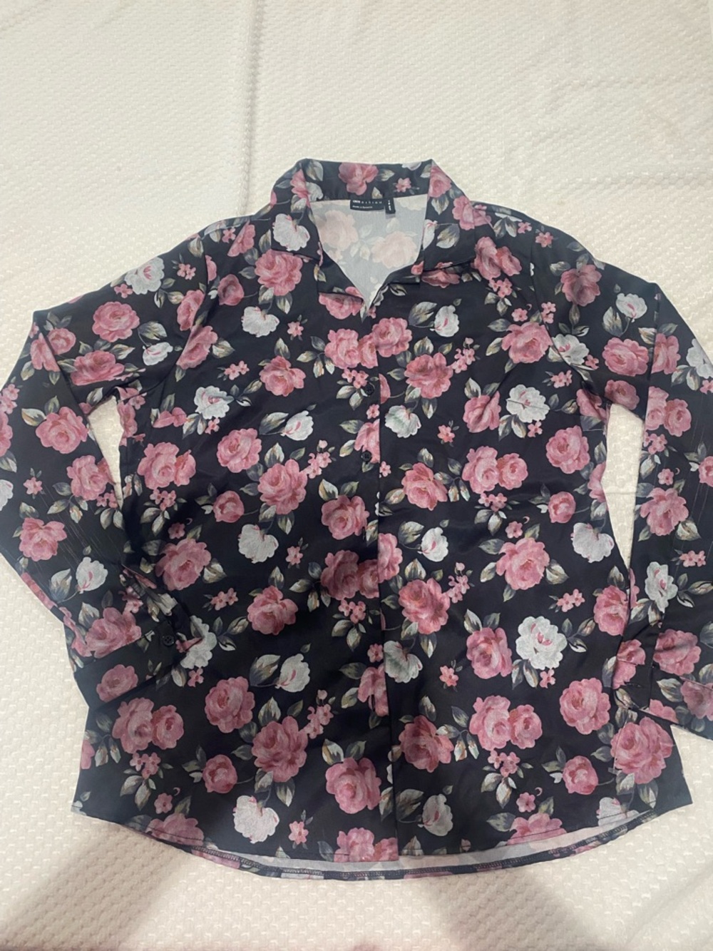 Floral Button-Front Blouse in Black with Pink Rose Print